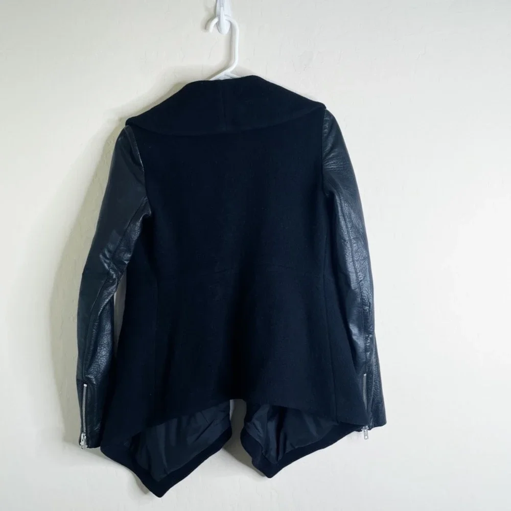 Wool Draped Open-Front Jacket with Genuine Leather Sleeves